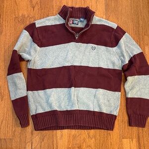 Chaps Men's Maroon and Light Gray Striped Zip-Up Sweater